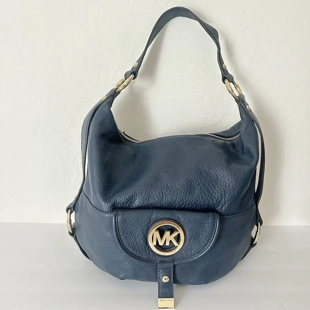 Michael Kors Fulton Large Hobo Shoulder Bag Navy Blue Pebbled Leather Gold MK